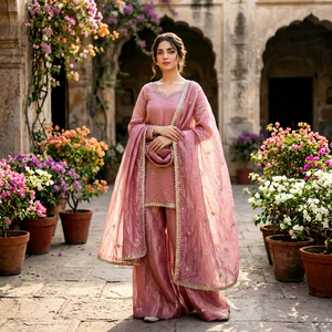 Robe Anarkali traditionnelle indienne et pakistanaise en soie rose pour femmes, longueur au sol, avec dupatta, coupe ample, tenue de mariage - Product Image 1