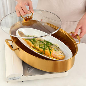 Kitchenware Multifunctional Stainless Steel Oval Steamed <strong>Fish</strong> <strong>Pot</strong> with Double Handles Titanium Plating Glass Cover Modern Design - Product Image 1