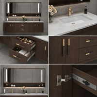 Meuble-lavabo double vasque moderne en bois foncé avec armoire miroir LED, suspendu au mur, pour projets hôteliers et d'appartements