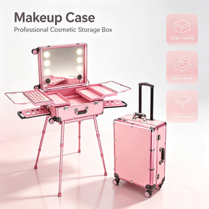 Professional Fashionable <b>Makeup</b> Train <b>Case</b> Adjustable LED Lights Audio Speaker New Annual Rolling Trolley Stone Pattern Closure - Product Image 1