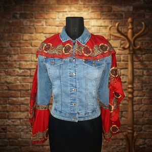 <b>Women's</b> Denim Trucker <b>Jacket</b> With Red Embroidered Cape Floral Pattern Turn-Down Collar Full Sleeve <b>Spring</b> Style - Product Image 2