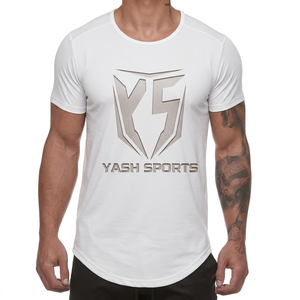 T-shirt blanc à manches courtes pour homme, col rond, polyester/coton, coupe ajustée, décontracté, effet délavé, tricoté, respirant, séchage rapide, couleur unie - Product Image 1