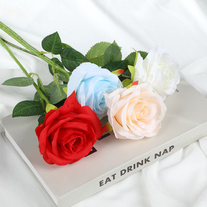 ดอกกุหลาบประดิษฐ์ ก้านเดี่ยว ดอกไม้ผ้าไหม สีแดง สีฟ้า สีแชมเปญ สีขาวงาช้าง สำหรับตกแต่งงานแต่งงานและบ้าน - Product Image 4