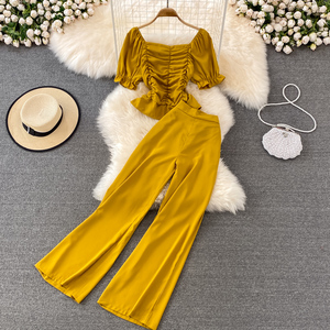 Completo Casual da donna pantaloni larghi a vita alta Set due pezzi <span class=keywords><strong>con</strong></span> collo quadrato camicia corta Slim Fit - Product Image 3