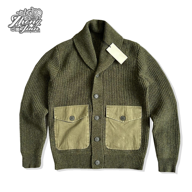 Single Breasted Lapel Army Green Winter Sweater Coat With Pocket Custom Knitted Sweater Jacket for Men