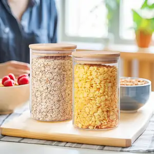 Bocaux de stockage des aliments en verre hermétiques Récipient de stockage des aliments en verre transparent avec couvercle en bois de bambou scellant, boîte à épices de cuisine