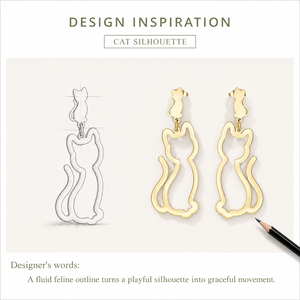 Boucles d'oreilles pendantes en forme de chat en acier inoxydable plaqué or 14 carats par électrolyse sous vide, polies - Product Image 4