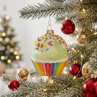 Hiasan Pohon Natal Cantik Pastel Hijau Pelangi Cupcake Sprinkles Manik-Manik Ornamen Kaca Figurine