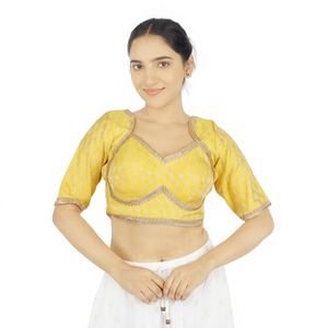 <b>Yellow</b> Embroidered Fashion Washable Women Blouse Crop Top Short Sleeve 100% Silk Printed Shirt for Lehenga <b>Saree</b> - Product Image 1