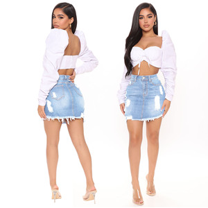 Mini jupe en <span class=keywords><strong>jean</strong></span> déchiré pour femmes, 1 pièce, taille haute, irrégulière, courte, en Denim, jupe Sexy, vente en gros - Product Image 2