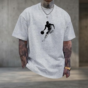 T-shirt gris pour homme, coupe classique, imprimé joueur de basket, manches courtes, col rond, brodé, décontracté chic, respirant, tissu tricoté - Product Image 3