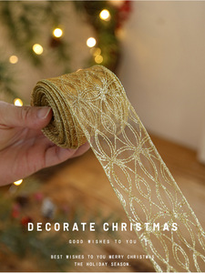 Factory Christmas Custom <b>Silver</b> Gold Hot Stamping Christmas <b>Wire</b> Edged Ribbon Sheer Organza Printed Ribbon for Gift Package - Product Image 3