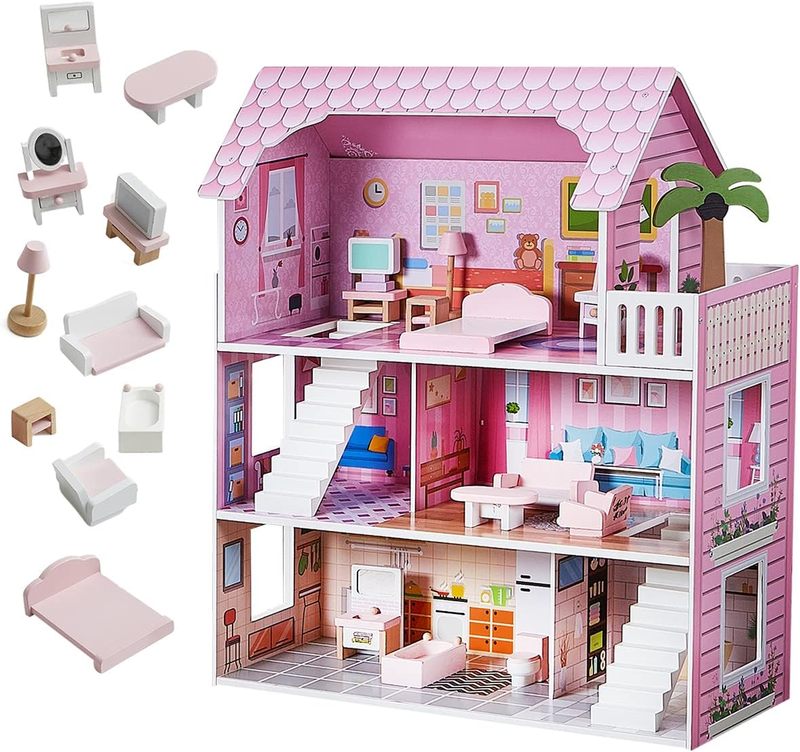 Wooden Dolls House with 11pcs Furniture