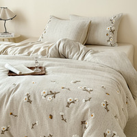 Ensemble de couette en coton et lin biologique, écologique, style pastoral vintage, en gaze double couche avec broderie en tissu éponge