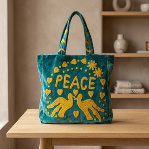 กระเป๋าโท้ทกำมะหยี่สีเขียวสั่งทำขายส่ง พร้อมลายปักตัวอักษร PEACE สีเหลือง รูปนกพิราบ หัวใจ และลายดอกไม้ - Product Image 4