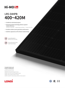 แผงโซลาร์เซลล์ Longi Solar รุ่น LR5-54HPB-405M สำหรับบ้านพักอาศัย สีดำทั้งแผง แบบ Half Cell รุ่น LR5-54HPB-405M สีดำทั้งแผง - Product Image 1