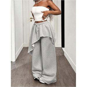 FOXA Women's <b>Asymmetrical</b> <b>Hem</b> Wide Leg Pants Drawstring Waist Streetwear Trousers - Product Image 4