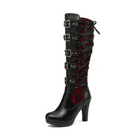 Bottes longues gothiques à lacets pour femmes, talon bloc, lacets, style victorien rétro, bottes mi-mollet punk, plateforme, bottes à tige haute