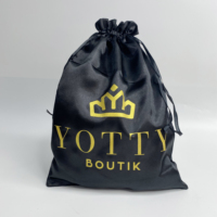 Sac à cordon en satin noir avec logo personnalisé, pochette en satin de soie, sac à cordon imprimé feuille d'or pour emballage de perruques, vêtements et bijoux