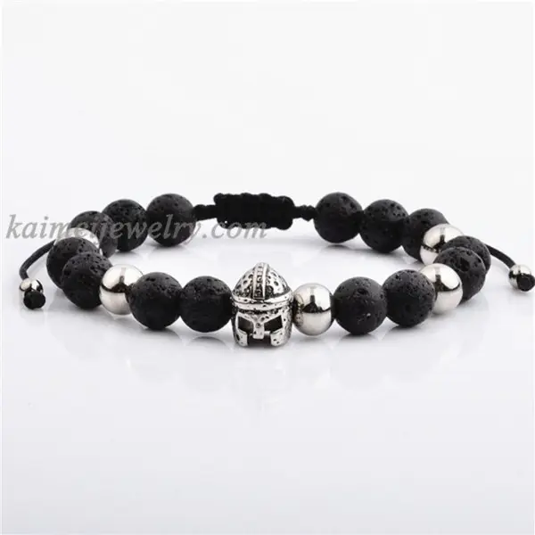 Roman Knight Spartan Warrior Gladiator Helmet Bracelet 8mm Lava Stone Bead Men Bracelets For Men Jewelry