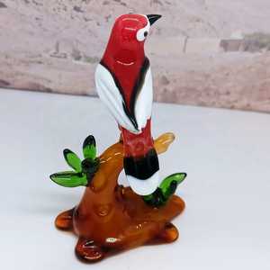 Handblown Glass <b>Bird</b> Figurine Red White Black <b>Perched</b> On Tree Base Animal Decorative Craft Art Piece - Product Image 2