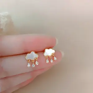 Silver Needle Cloud Natural Shell Raindrop Water Drop Zircon Pendant Korean Earrings For Girl Fashion Crystal Elegant Jewelry