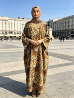 Ensemble Abaya Bohème Imprimé en Lin à Manches Chauve-Souris 2 Pièces, Robe Longue Ethnique Musulmane avec Hijab Assorti, Vêtements Islamiques d'Été pour Femmes de Dubaï