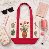 Fliegender Wal Bestickte Canvas-Tragetasche Blumengarten-Stickerei Kontrast-Griff Strukturiertes Offenes Oberteil Geschenk Individuelles Logo OEM