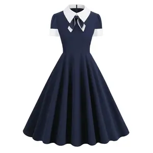 महिलाओं सुरुचिपूर्ण 1950 का शर्ट कॉलर धनुष विंटेज ड्रेस नेवी ब्लू ग्रीन शॉर्ट आस्तीन स्विंग हॉलिडे पार्टी के कपड़े vd3783