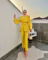 Ensemble de 2 pièces, abaya islamique pour femmes grandes tailles, costume décontracté, vêtements musulmans traditionnels, accessoires, jaune, polyester