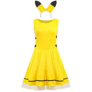 Diskon besar gaun kuning Cosplay Anime Pocket Monster kuning Halloween untuk wanita dengan tutup kepala