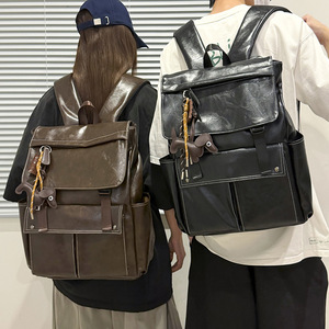Laptop <b>Backpack</b> Pu Soft Leather Unisex <b>Large</b> Capacity 13 Inches Business Travel Commuter Bag Solid Color Youth Style - Product Image 1