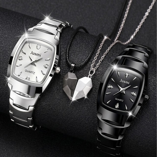 Trend Popular Couple Watch Set, Steel Band Quartz Watch + Necklace