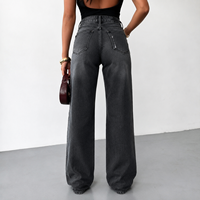 Jean en denim noir délavé déchiré taille haute pour femme, coupe large et ample, avec logo personnalisé OEM ODM