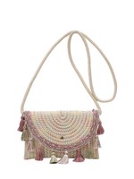 Sac bandoulière tissé bohème à pompons pour femme, mini sac à main ethnique pastel, sac messager décontracté pour l'été et la plage
