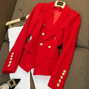 Sıcak satış resmi ofis bayan Qualitiable ceket çift göğüslü uzun kollu kadın moda katı Blazer kırmızı