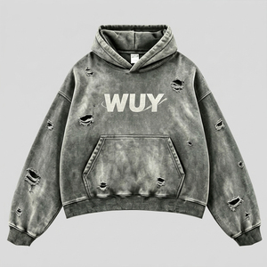 Sudadera con capucha de peso pesado para hombre, estilo vintage, con lavado ácido, desgastada y rasgada, estilo streetwear, oversize, con gráfico y detalles de efecto destruido, personalizada - Product Image 1