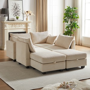 Ensemble de canapés modulaires modernes en velours côtelé, écologiques, en forme de U pour salon, avec ottoman de rangement, 6 places, chaise longue convertible - Product Image 2