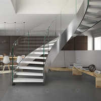 Design d'escalier en arc moderne avec structure en acier au carbone durable et balustrade en panneaux de verre pour la décoration intérieure
