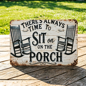 Plaque murale vintage en métal « Assis-toi sur le porche » – Décoration rustique pour <span class=keywords><strong>la</strong></span> maison, le jardin et <span class=keywords><strong>la</strong></span> terrasse – Affiche rétro en étain avec motif chaise à bascule - Product Image 1