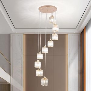 Lustre moderne en cristal doré à 9 lumières, design goutte de pluie, pour plafond haut, montage encastré, idéal pour escalier, hall d'entrée - Product Image 1