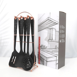 Ensemble de 7 ustensiles de cuisine en silicone grain marbre or rose avec support, comprenant spatule, cuillère, louche et écumoire antiadhésifs - Product Image 5