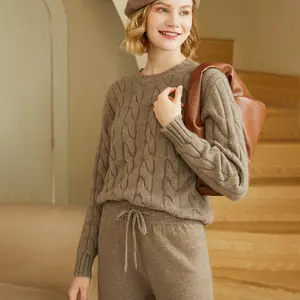 Pull en cachemire épais d'hiver en tricot torsadé Crown Cashmere pour dames