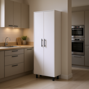 Armadio Dispensa da Cucina Fagan a 2 Ante, Bianco, in Legno Macadamia, con 5 Ripiani, Unità di Stoccaggio Moderna - Product Image 2