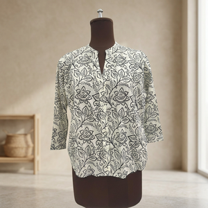 Blusa de Popelina 100% Algodón con Estampado Floral Vintage para Mujer, Manga Tres Cuartos, Cuello en V, Botones, Formal, Transpirable, Sencilla, Primavera Verano - Product Image 2