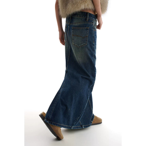 Jupe Jean Femme Maxi Aline Délavé Usé Indigo Poches Vintage Streetwear Fabricant Vente en Gros - Product Image 3