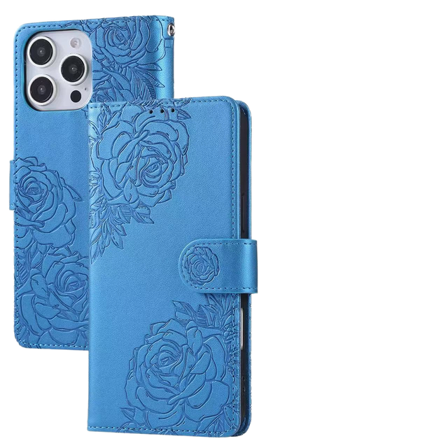 New Rose Pattern Leather Wallet Card Bag Mobile Phone Case with Hand Strap Magnetic Ring Holder for 15 Pro Max Shockproof