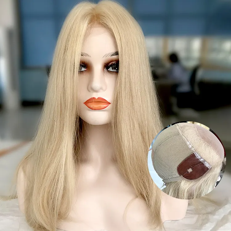 Peruca médica feminina de cabelo virgem humano real sem cola desenhada dupla, sistema de substituição para loiras, peruca de mão completa amarrada