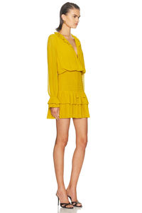 Robe élégante pour femmes en mousseline de soie vintage à manches longues et col en V, design à volants superposés avec taille élastique - Product Image 2