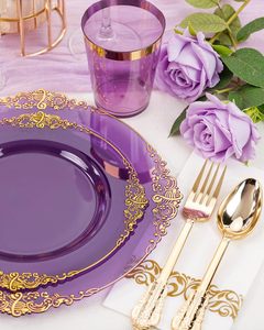 350PCS Purple Plastic Dinnerware Sets for 50 Guests Includes100 <strong>Disposable</strong> <strong>Plates</strong> 150 Gold Silverware 50 Cups 50 Napkins - Product Image 1